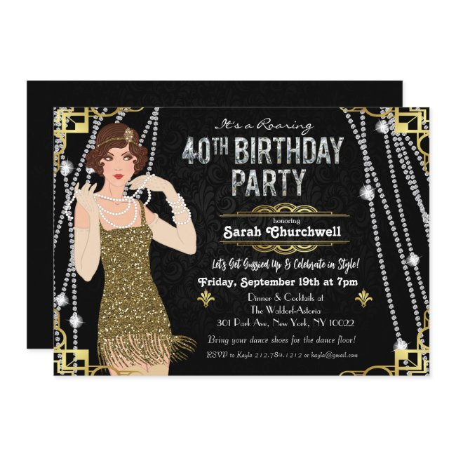 Great Gatsby Flapper Girl 40th Birthday Invitation