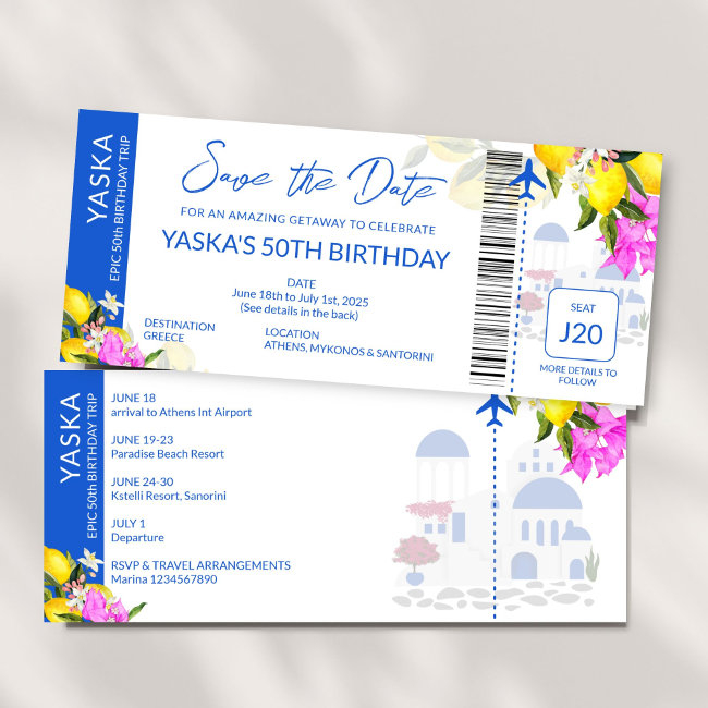 Greece Destination Birthday Save The Date Invitation
