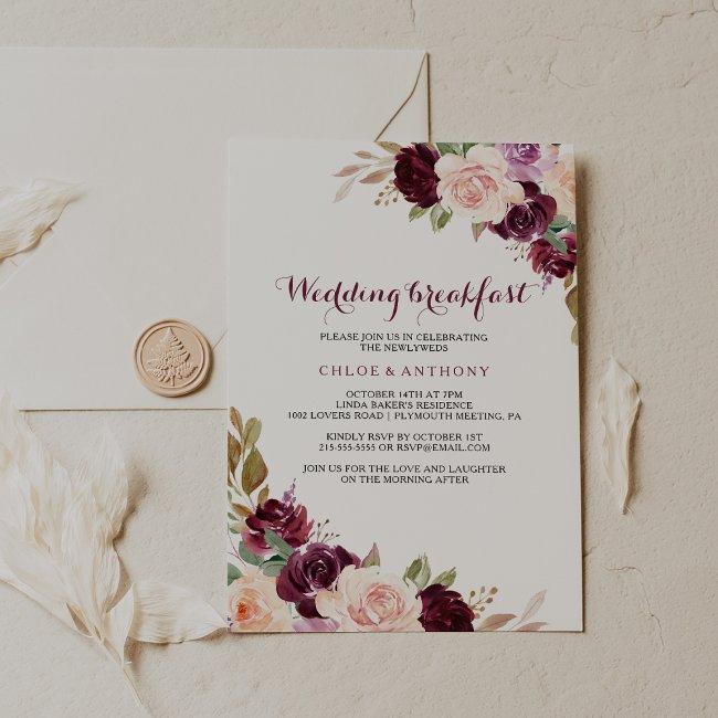 Green Blush Burgundy Floral Wedding Breakfast Invitation