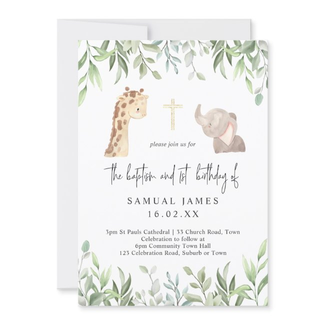 Green & Gold Jungle Baptism & 1st Birthday Invitation