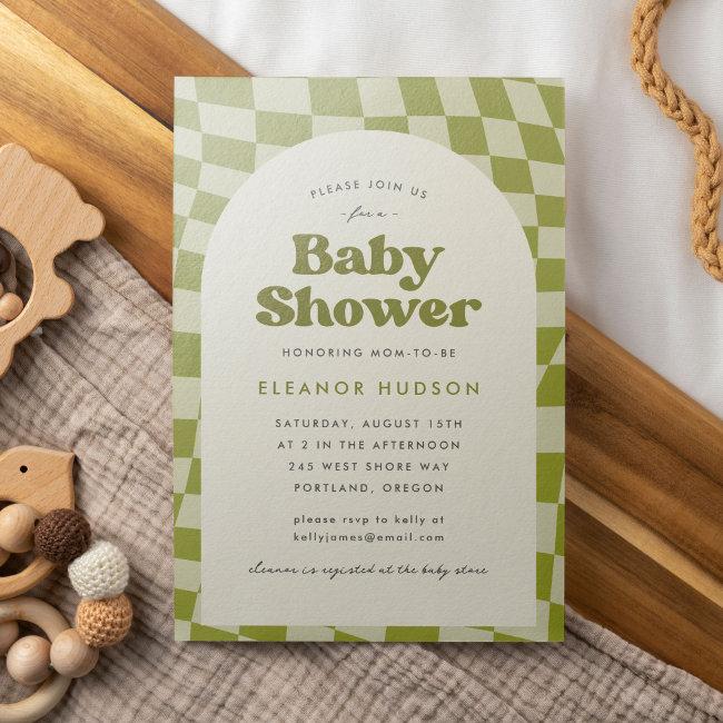 Green Retro Groovy 70s Checkerboard Baby Shower Invitation