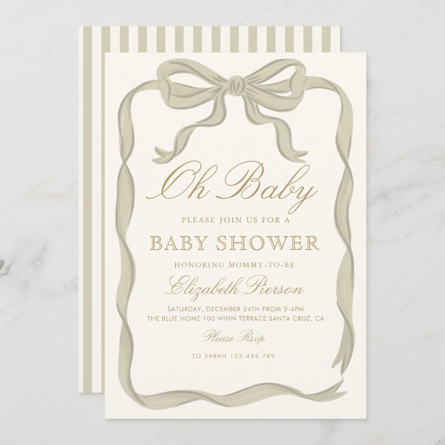 Green Ribbon Gender Neutral Baby Shower Invitation