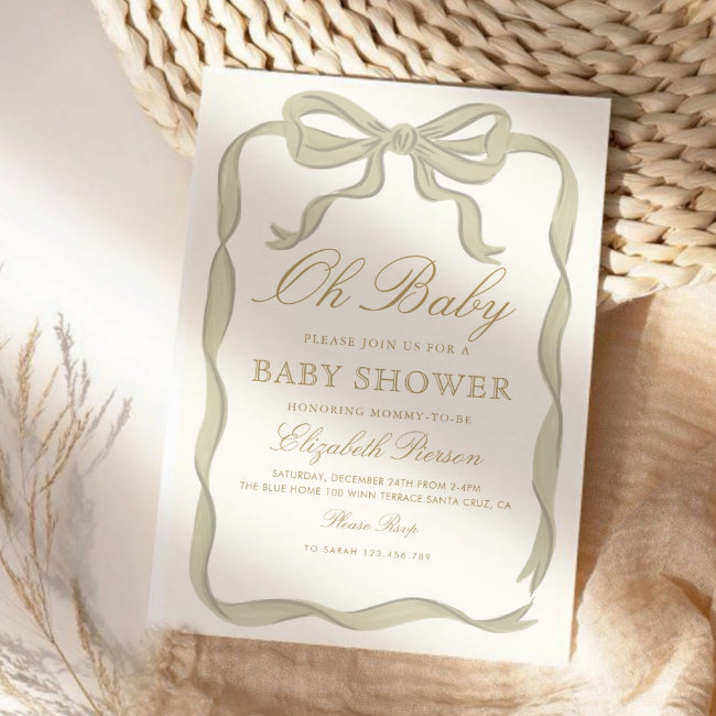 Green Ribbon Gender Neutral Baby Shower Invitation