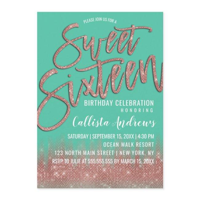 Green Rose Gold Glitter Typography Sweet 16 Invitation