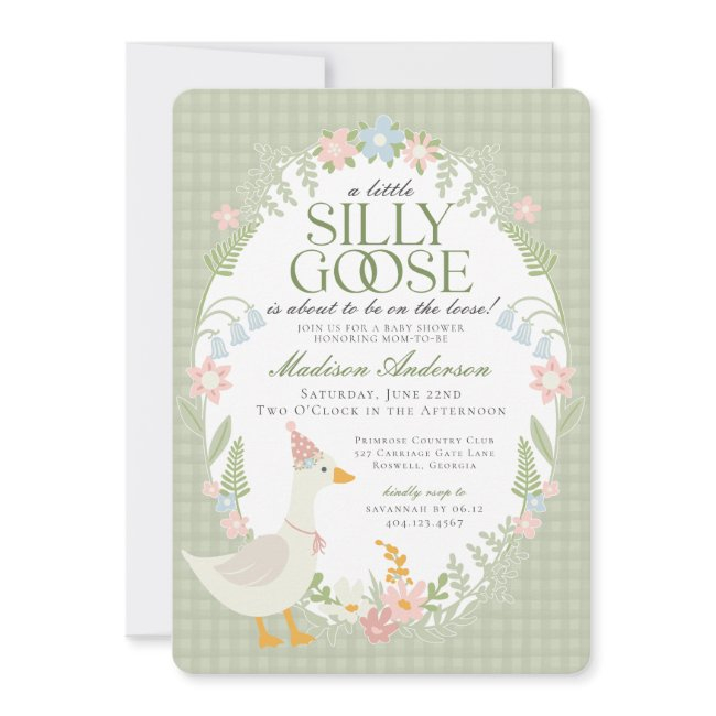 Green Silly Goose Floral Gingham Baby Shower Invitation