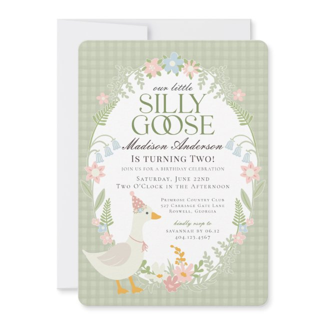 Green Silly Goose Floral Gingham Birthday Party Invitation