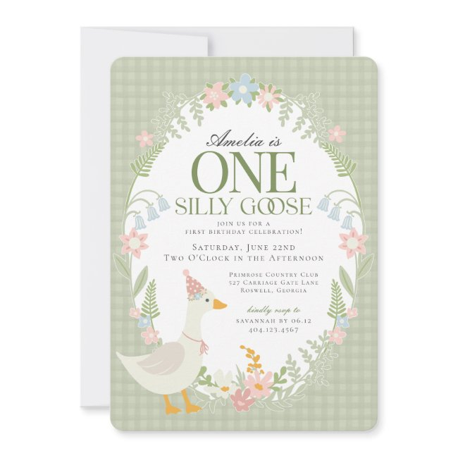 Green Silly Goose Floral Gingham First Birthday Invitation