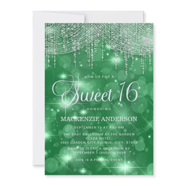 Green String Lights Bokeh Sweet 16 Invitation