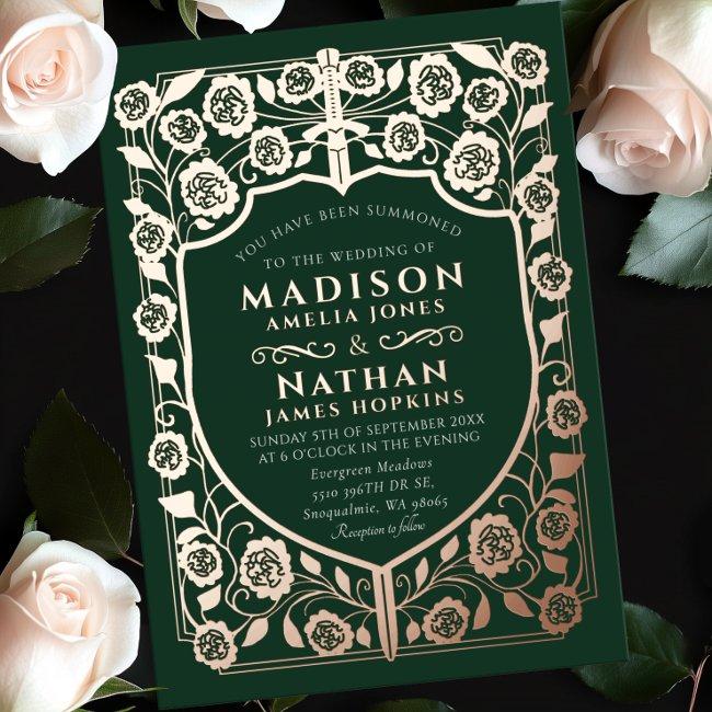 Green Sword Shield Medieval Monogram Wedding Foil Invitation
