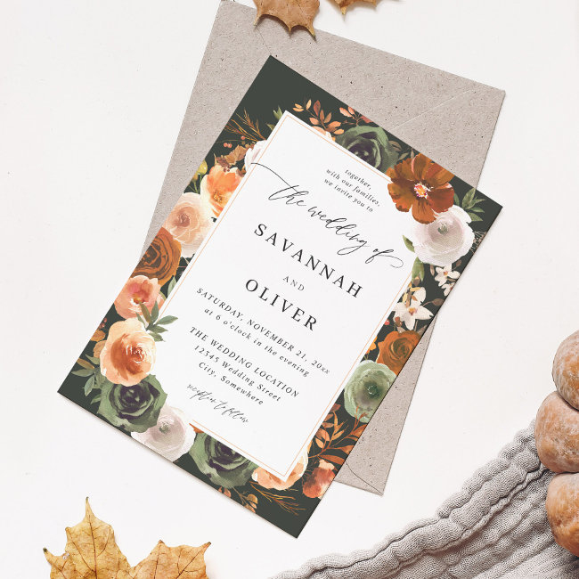 Green & Terra Cotta Floral Wedding S2 - Dark Green Invitation
