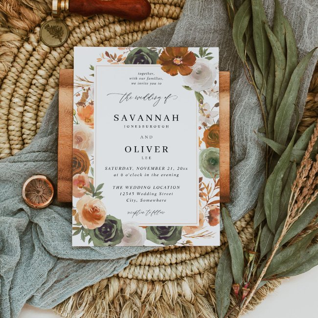 Green & Terra Cotta Floral Wedding S2 Vln - White Invitation