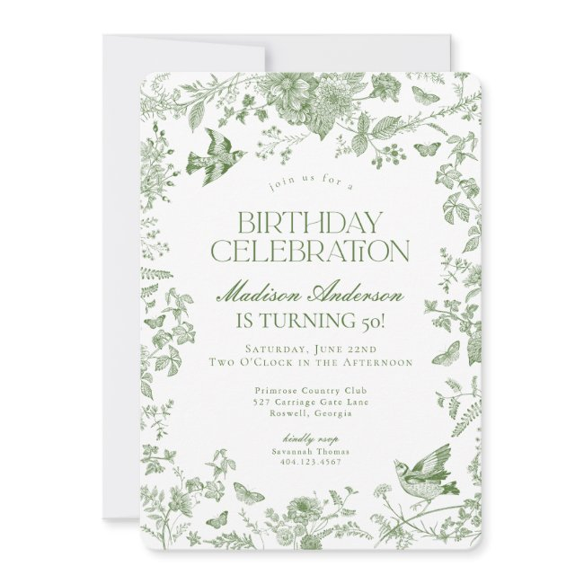 Green Toile De Jouy French Floral Birthday Party Invitation
