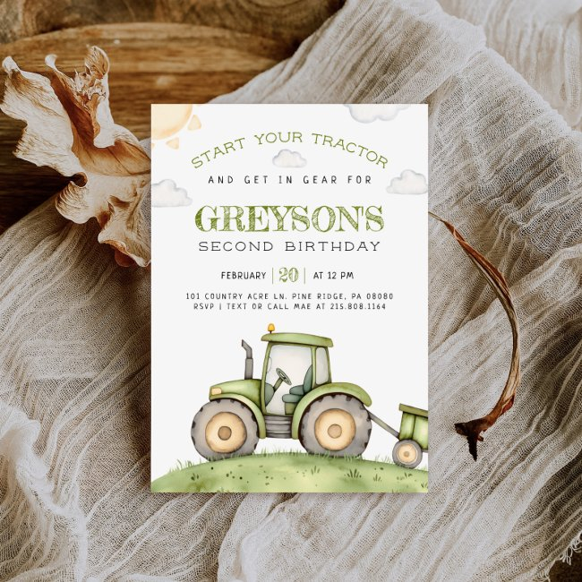 Green Tractor Birthday Invitation