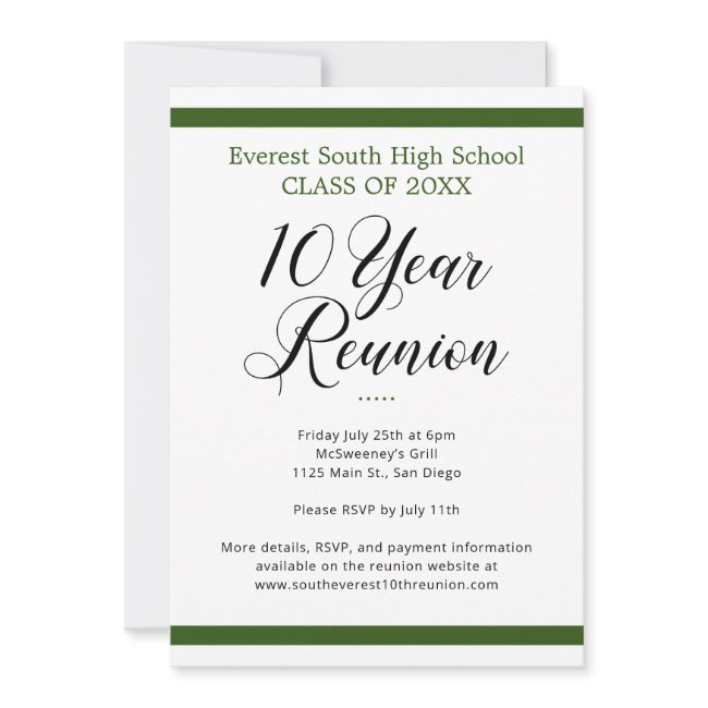 Green & White Minimalist Ten 10 Year Class Reunion Invitation