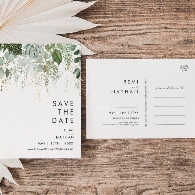 Greenery And Gold Leaf Save The Date Postinvitations