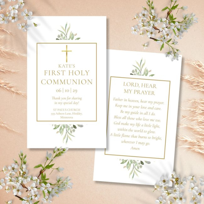 Greenery First Holy Communion Prayer Invitations