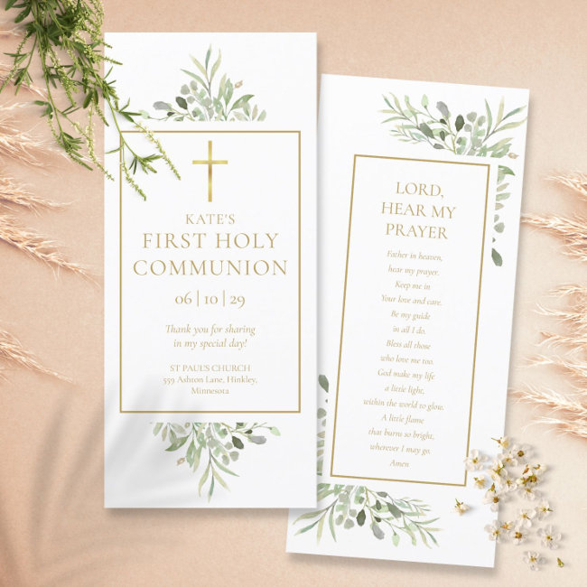 Greenery First Holy Communion Prayer Invitations Bookmark