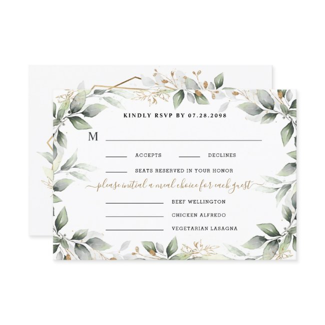 Greenery & Gold 3 Three Meal Choice Rustic Wedding Rsvp Invitations
