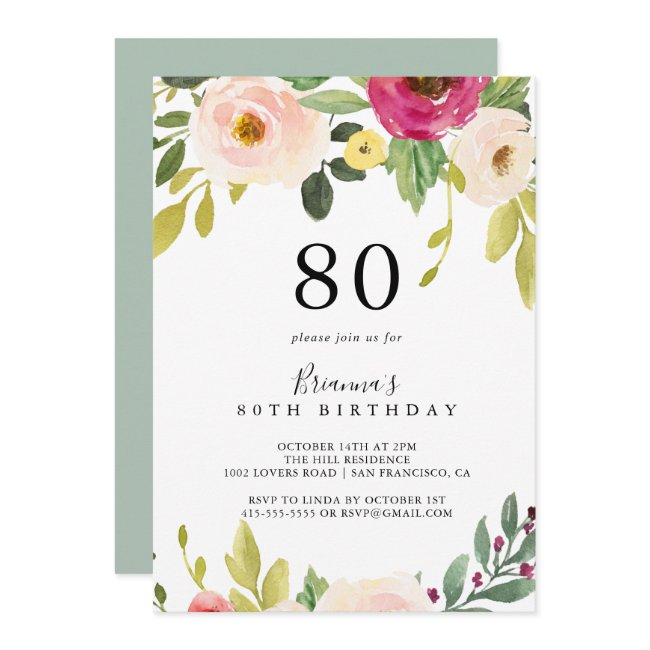 Greenery Pink Blush Floral 80th Birthday Party Invitation