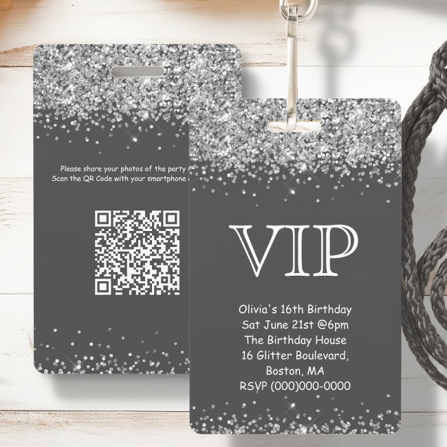 Grey & Silver Glitter | Vip Birthday Invitation Badge