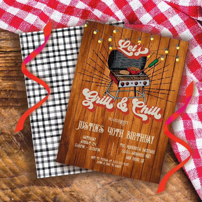 Grill And Chill Bbq Woodcut Retro Birthday Party Invitation
