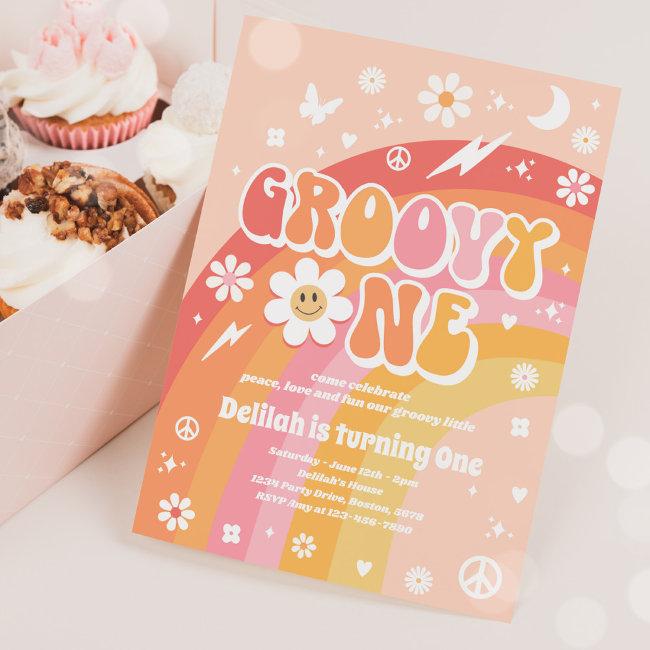 Groovy One Peace Love Party Rainbow Birthday Party Invitation