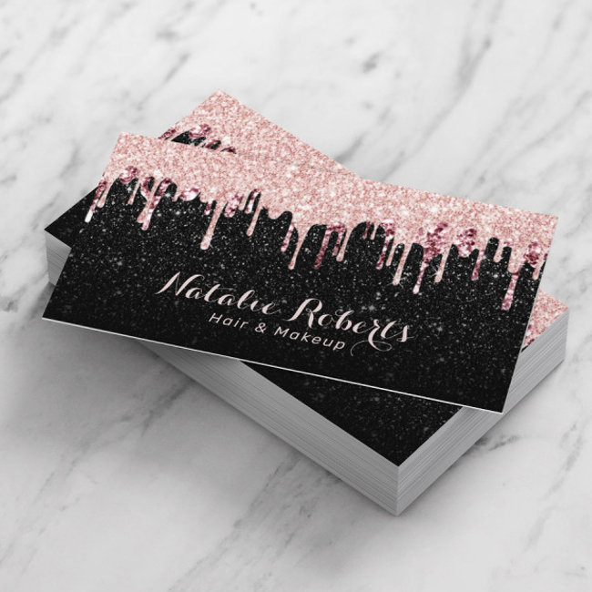 Hair Stylist Makeup Artist Rose Gold Drips Glitter Business Invitations