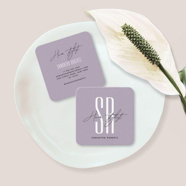 Hair Stylist Modern Lavender Monogram Initials Square Business Invitations