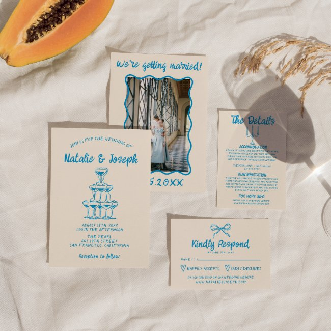 Hand Drawn Blue Quirky Champagne Tower Wedding In Invitation