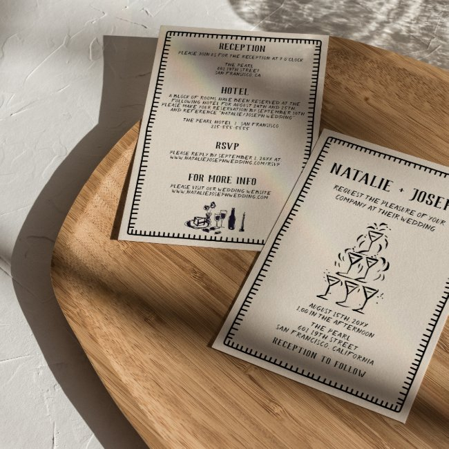 Hand Drawn Champagne Tower All In One Wedding Invitation
