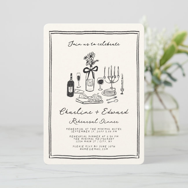 Hand Drawn Funky Drawing Rehearsal Dinner Invitation