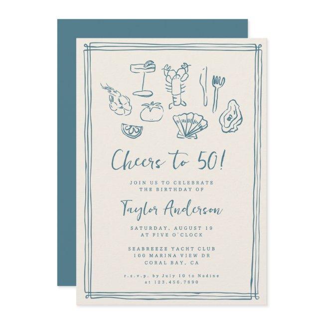 Hand Drawn Funky Nautical Beach 50th Birthday Invitation