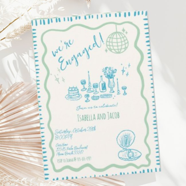 Hand Drawn Quirky Wavy Engagement Party      Invitation