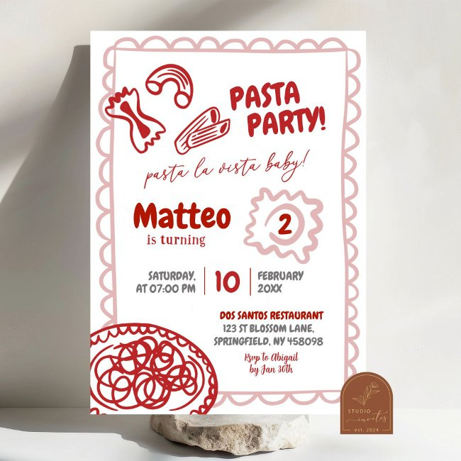 Hand Drawn Red Pizza Pasta Birthday Party Invitation