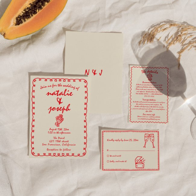 Hand Drawn Retro Funky Unique Quirky Wedding Invitation