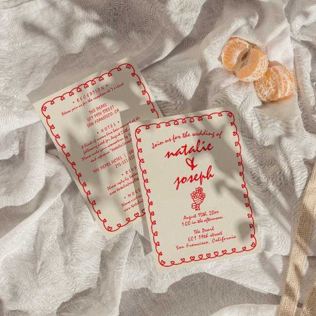 Hand Drawn Retro Unique Quirky All In One Wedding Invitation
