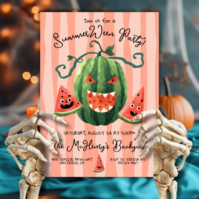 Hand Drawn Watermelon Pumpkin Summerween Party Invitation