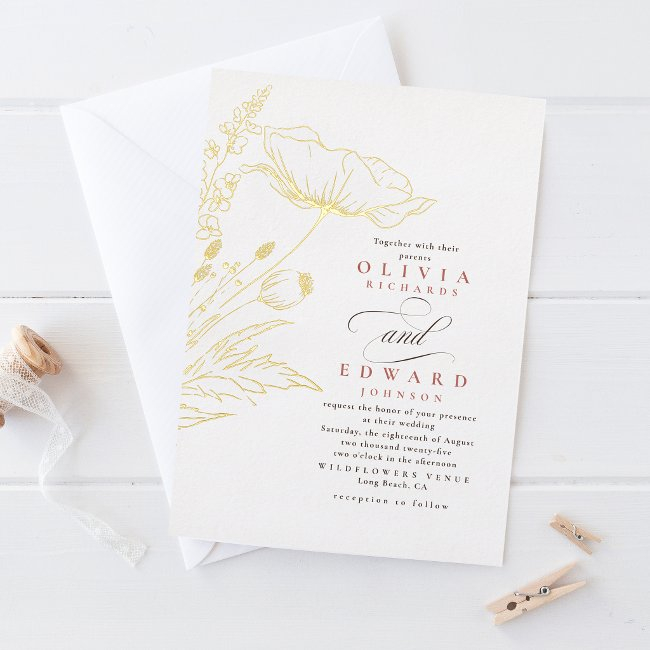 Hand-drawn Wildflowers Dusty Pink Elegant Wedding Foil Invitation