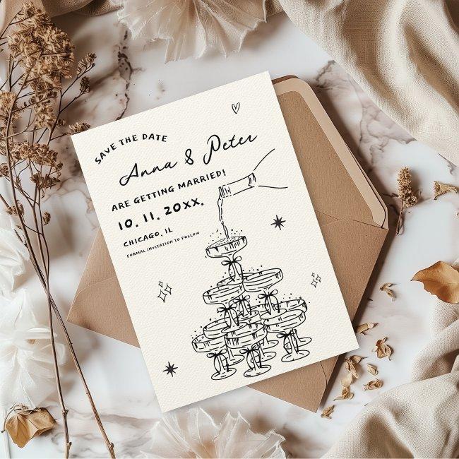 Hand-illustrated Champagne Tower Retro Funky Save The Date