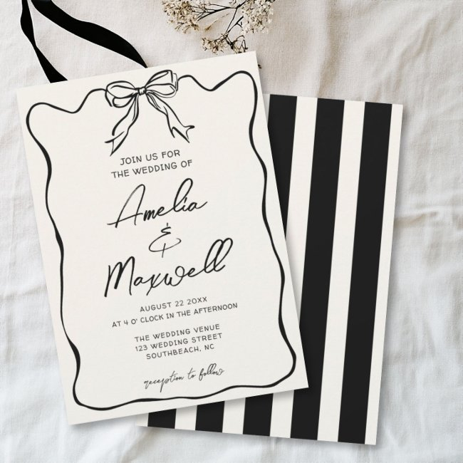Handdrawn Ribbon Coquette Trendy Romantic Wedding Invitation