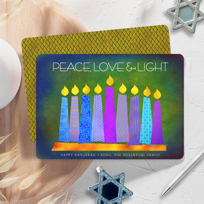 Hanukkah Blue Boho Candles Green Peace Love Light Holiday Invitations