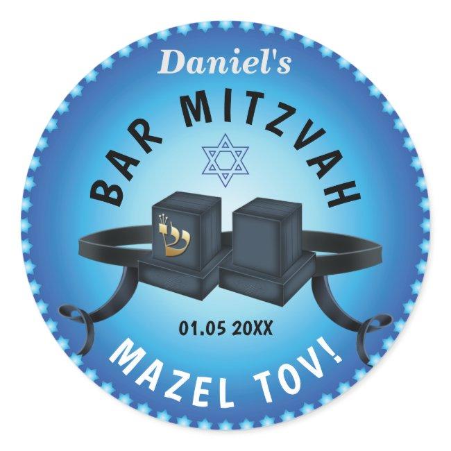 Happy Bar Mitzvah 20xx Blue Decorative Classic Round Sticker