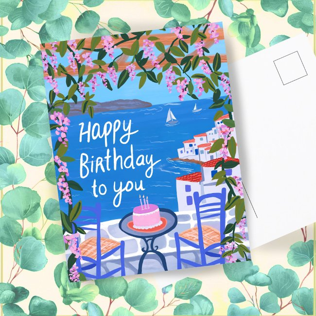 Happy Birthday Flowers Terrace Greek Island Postinvitations
