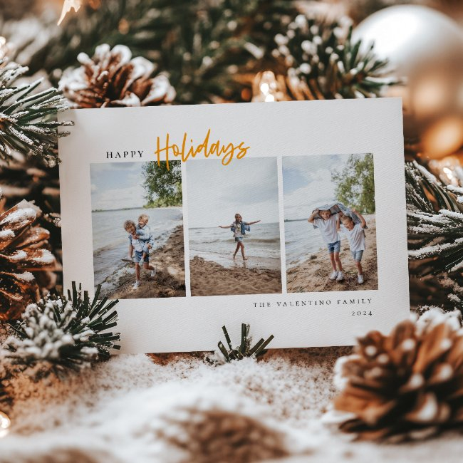 Happy Holidays Modern Script Minimalist Photo Holiday Invitations