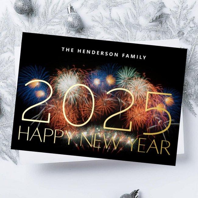 Happy New Year 2025 Gold Fireworks Photo Back Foil Holiday Invitations