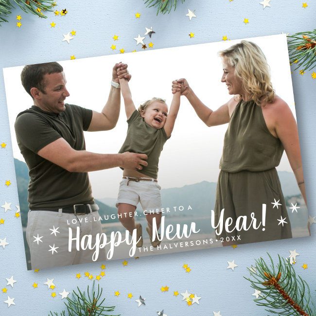 Happy New Year Love Laughter Cheer Custom Photo Holiday Invitations