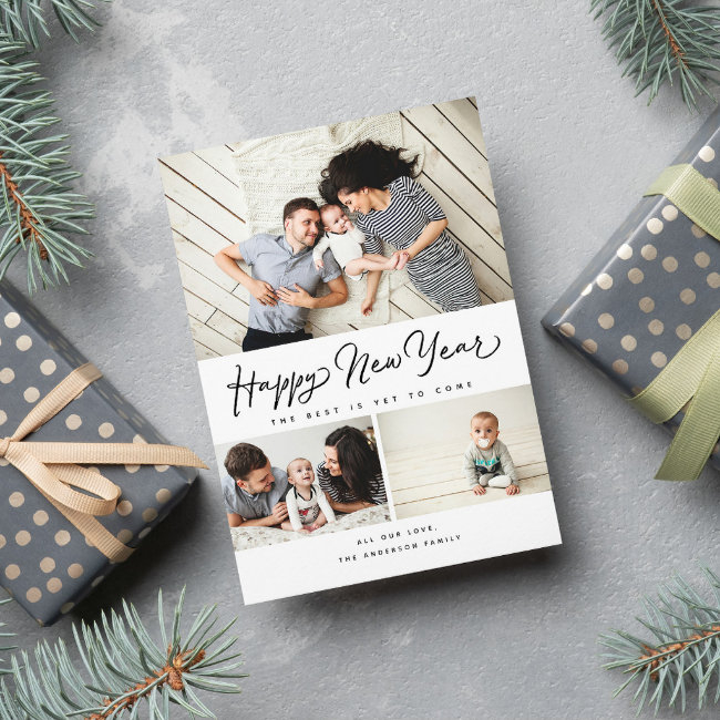 Happy New Year Script Black 3 Collage Multi-photo Holiday Invitations