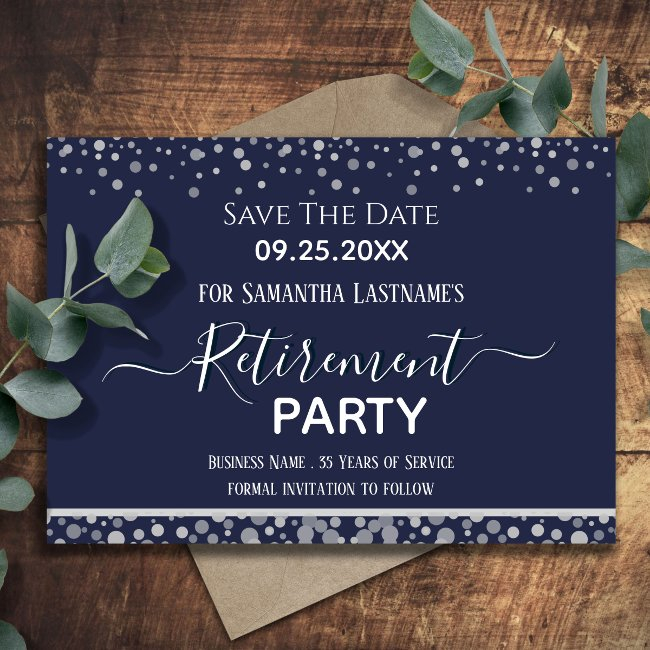 Happy Retirement Silver Confetti Save The Date Invitation