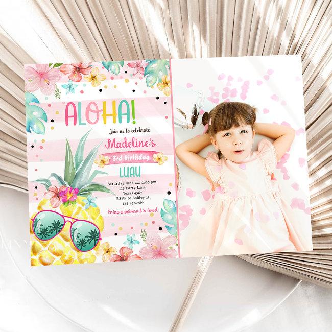Hawaiian Luau Pineapple Tropical Girl Birthday In Invitation