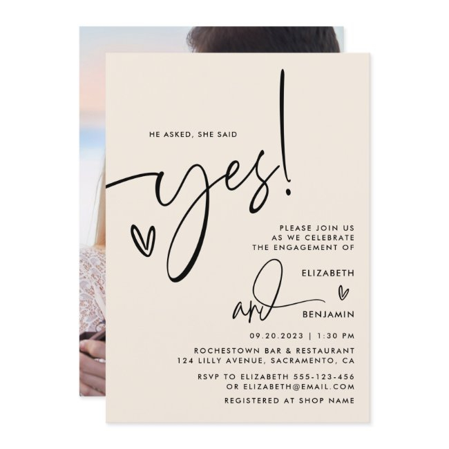 He Asked She Said Yes Engagement Party Photo Invitation